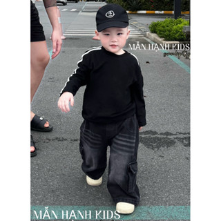  Set quần bò đen túi hộp + áo sọc trắng dài tay cho bé đồ bé trai siêu ngầu   MH- KIDS  