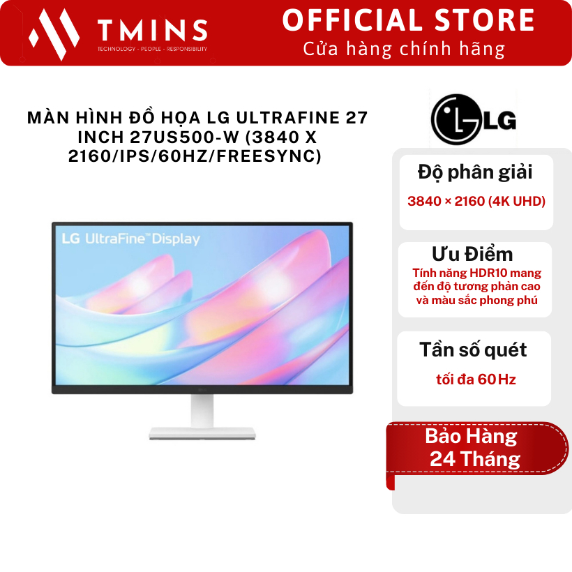 Màn hình đồ họa LG UltraFine 27 inch 27US500-W (3840 x 2160/IPS/60Hz/FreeSync) - Bảo hành 24 tháng