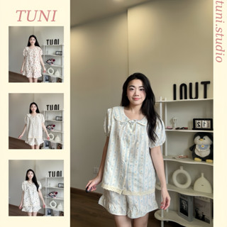 Bộ Ngủ Nữ Tiểu Thư Cổ Sen Vải Đũi Vân In Hoạ Tiết Mùa Hè Women Quần Ngủ Áo Ngủ Tuni.studio CSR01
