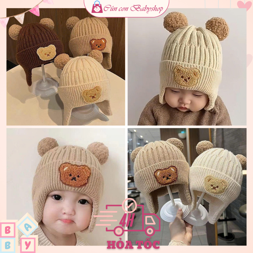 Mũ len che tai hình gấu cho bé giữ ấm mùa đông, nón len tai gấu cho bé trai bé gái – Cunconbabyshop