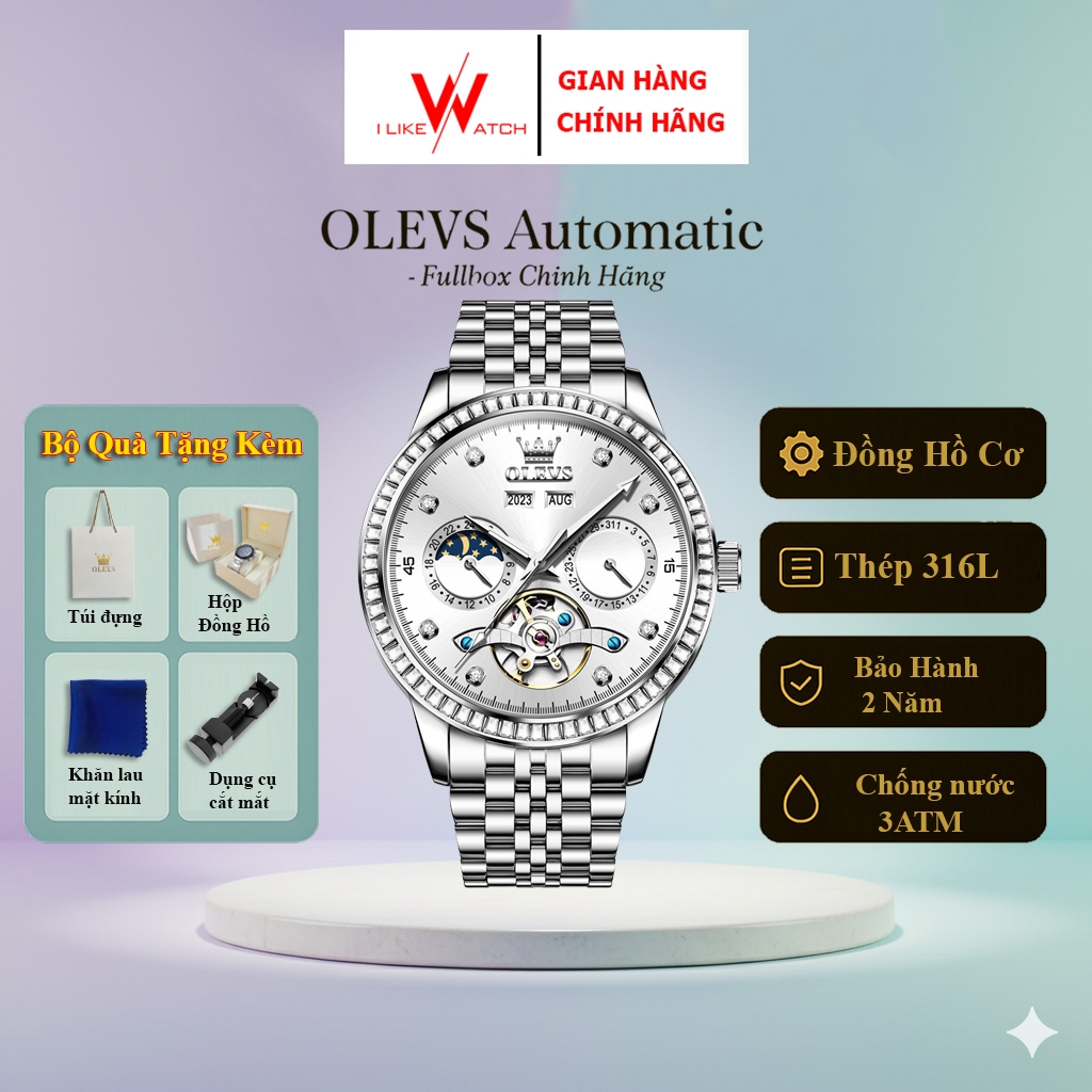 Đồng hồ Olevs nam automatic lộ cơ cao cấp,Đồng hồ đeo tay dây thép chống nước tặng chồng bạn trai