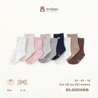 Tất Cho Bé Embes, Set 3 Đôi Vớ Chống Trơn Chất Cotton Mềm Mại Co Giãn Cho Bé Trai Bé Gái Từ 1-4 Tuổi