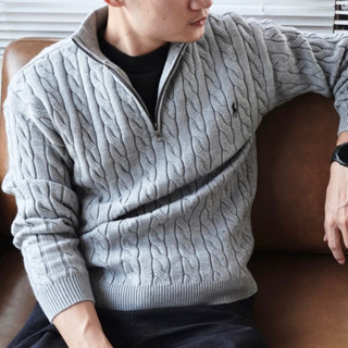 Áo Len Nam Cổ Lọ Phối Zip Thêu Ngựa DENIMST 715, Áo Sweater Len Hàn Quốc Unisex Vặn Thừng Dày Dặn