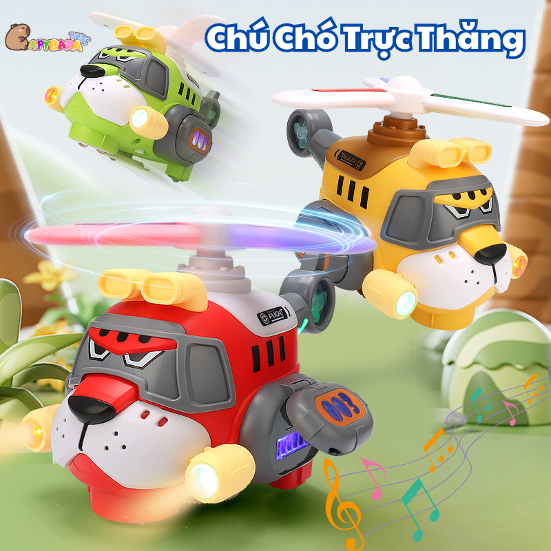 Đồ Chơi Máy Bay Trực Thăng Bull Dog Chạy Pin Xoay 360 Độ Có Đèn Nhạc, Cánh Tự Động Mở 2 Bên, Tránh C