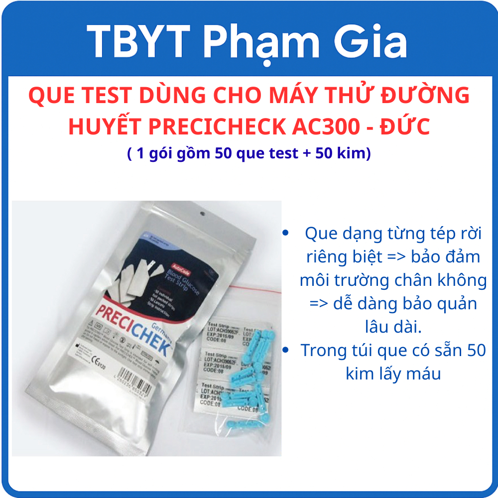 🩸 QUE THỬ ĐƯỜNG HUYẾT PRECICHECK AC300 – CHÍNH HÃNG