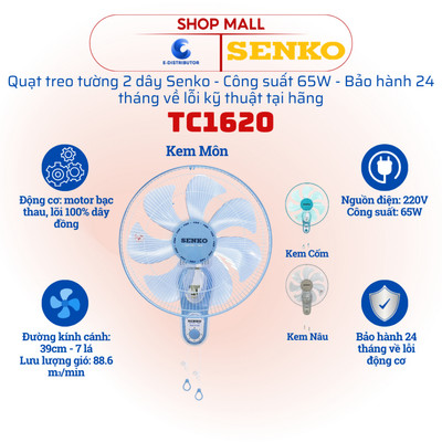[HỎA TỐC] Quạt treo 2 dây giật Senko TC1620 - Công suất 65W - Giao màu ngẫu nhiên - Hàng chính hãng