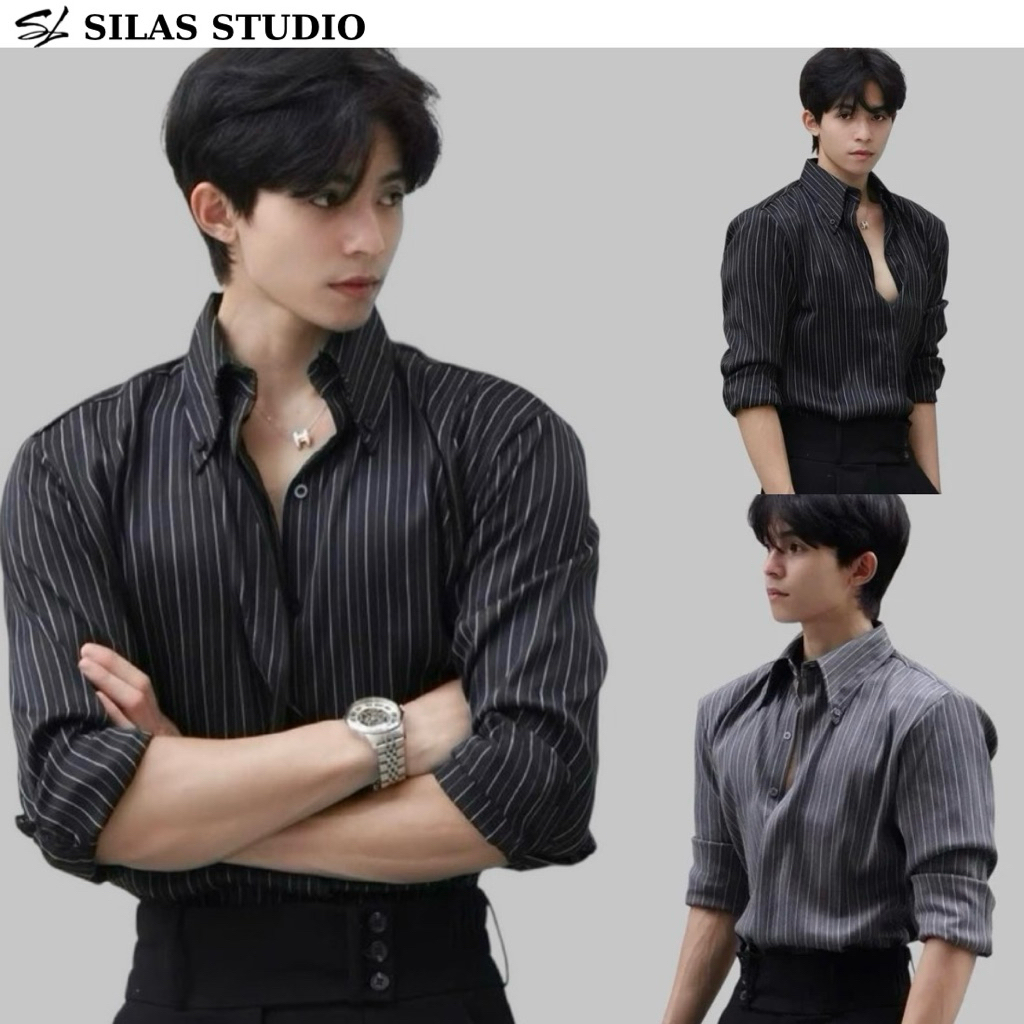 Áo sơ mi Silas Sọc LIAM Cổ Button down cotton chéo giấu cúc