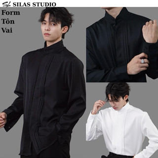 Áo Sơmi Silas Tay Dài Trơn Xếp Ly Cotton Chéo Form Rộng Menswear Cổ Trụ