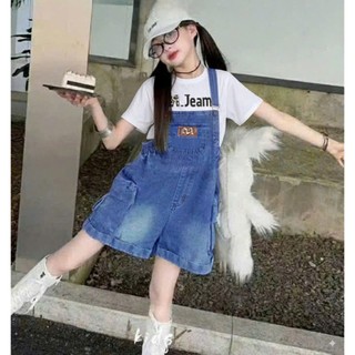 Set yếm quần jeans túi hộp phối áo thun cotton mềm mát form rộng dễ thương cho bé từ 35-53kg