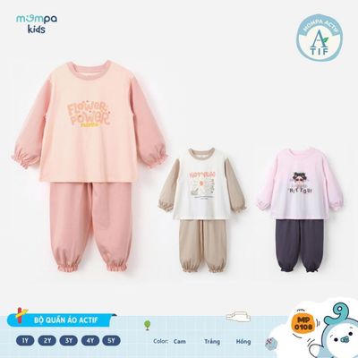 Đồ bộ bé gái Mompa dài tay 1-5 tuổi vải Cotton Actif co giãn thoáng khí nhanh khô 0108