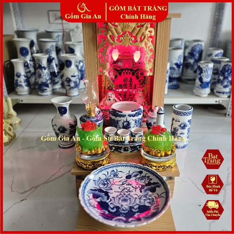 Nguyên Set Ban Thờ Thần Tài Thổ Địa, Bàn Thờ Thần Tài, Bộ Bàn Thờ Thần Tài men xanh lam Bát Tràng