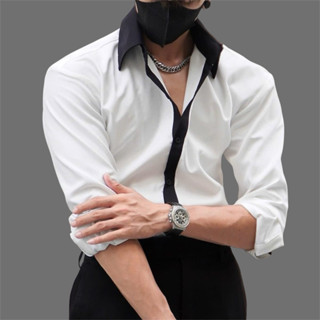 (Form Tôn Vai) Áo Sơmi SILAS Trơn Phối Cổ Menswear Cotton Chéo Cổ Bẻ Form Rộng
