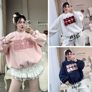 Áo sweater cổ tròn nỉ bông tàu L1 form boxy thêu chữ Rockband freesize phong cách trẻ trung mặc thu đông 