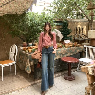  Quần Jean nữ ống loe Clara cạp cao dáng dài ống rộng màu wash xanh vintage tôn dáng hack chân phong cách retro Hàn Quốc 