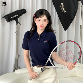 Áo len mongtoghi nữ Twentyfive cổ polo ngắn tay, thêu hình cún nhỏ trước ngực 6896