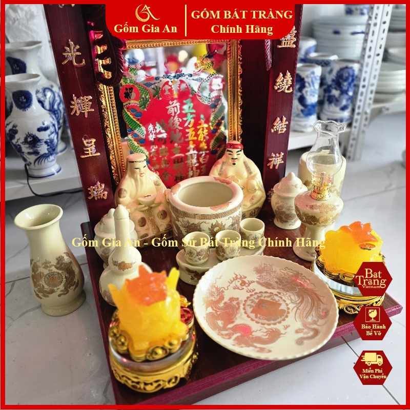 Nguyên Set Ban Thờ Thần Tài Thổ Địa vàng ngà, Bàn Thờ Thần Tài, Bộ Bàn Thờ Thần Tài Bát Tràng