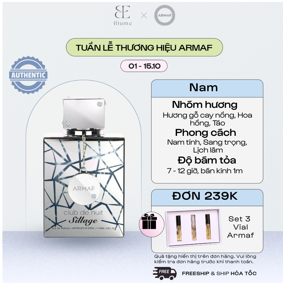 [ Mẫu thử 10ml ]  Nước hoa UNISEX CLUB de nuit SILLAGE mùi tinh tế - Blume Tiệm Nước Hoa