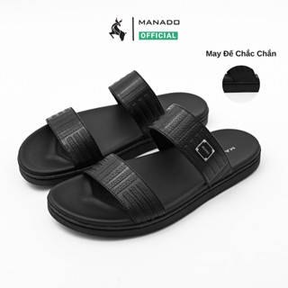 Dép Da Bò MANADO Mã MQH02, Dép Nam Sandal 2 Quai Ngang Dập Họa Tiết (hộp đẹp) - BH 6 Tháng