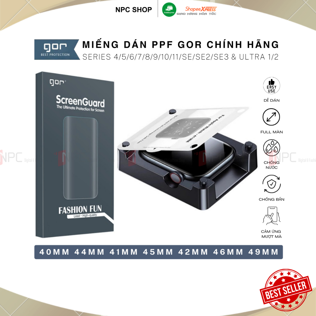 Miếng dán PPF GOR kèm khung dễ dán dành cho Apple Watch Series 4/5/6/7/8/9/10/11/SE/SE2/SE3 bảo vệ chống trầy xước bể vỡ