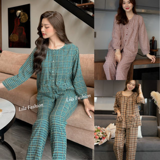 Đồ bộ pijama nhà Lila dài tay áo quần có túi kẻ caro cao cấp mềm mịn, mát khi mặc