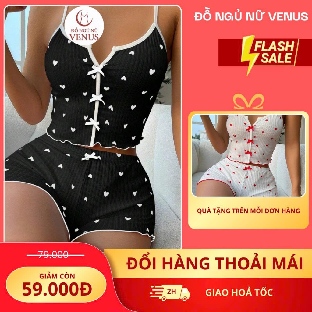 Đồ Ngủ Nữ 2 Dây Sexy Gợi Cảm Họa Tiết Trái Tim | Bộ Đồ Ngủ Ngắn Gợi Cảm Mặc Nhà
