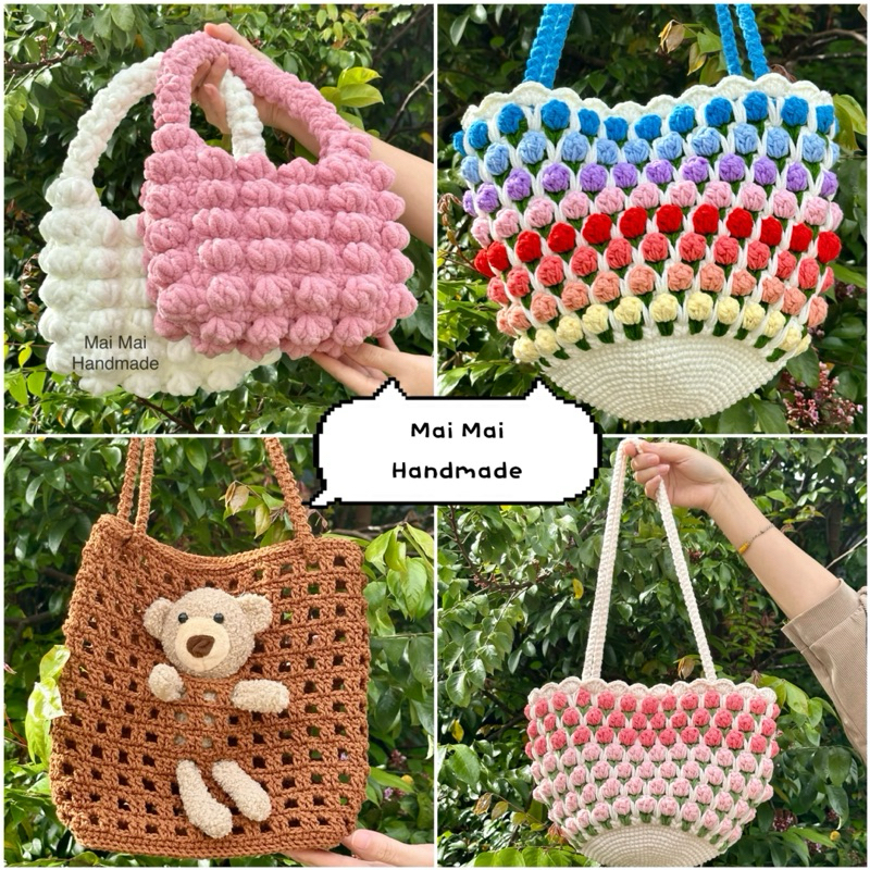 túi tole len, túi xách len, túi xách nữ thời trang, handmade, hoa tulip, túi tole đi học, túi đi biể