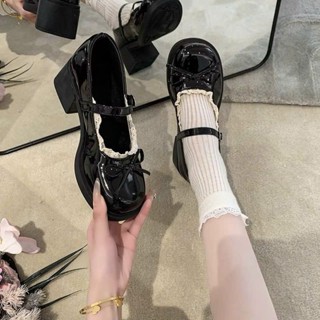  Giày Búp Bê lolita đế vuông cao 5cm chất liệu da bóng phối nơ phong cách pháp mới QC0418 