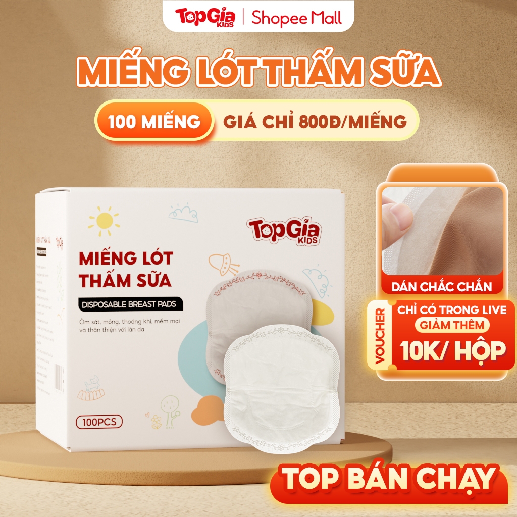 Hộp 100 miếng lót thấm hút sữa TopGiaKids chống tràn tối đa, từ sợi organic an toàn lành tính