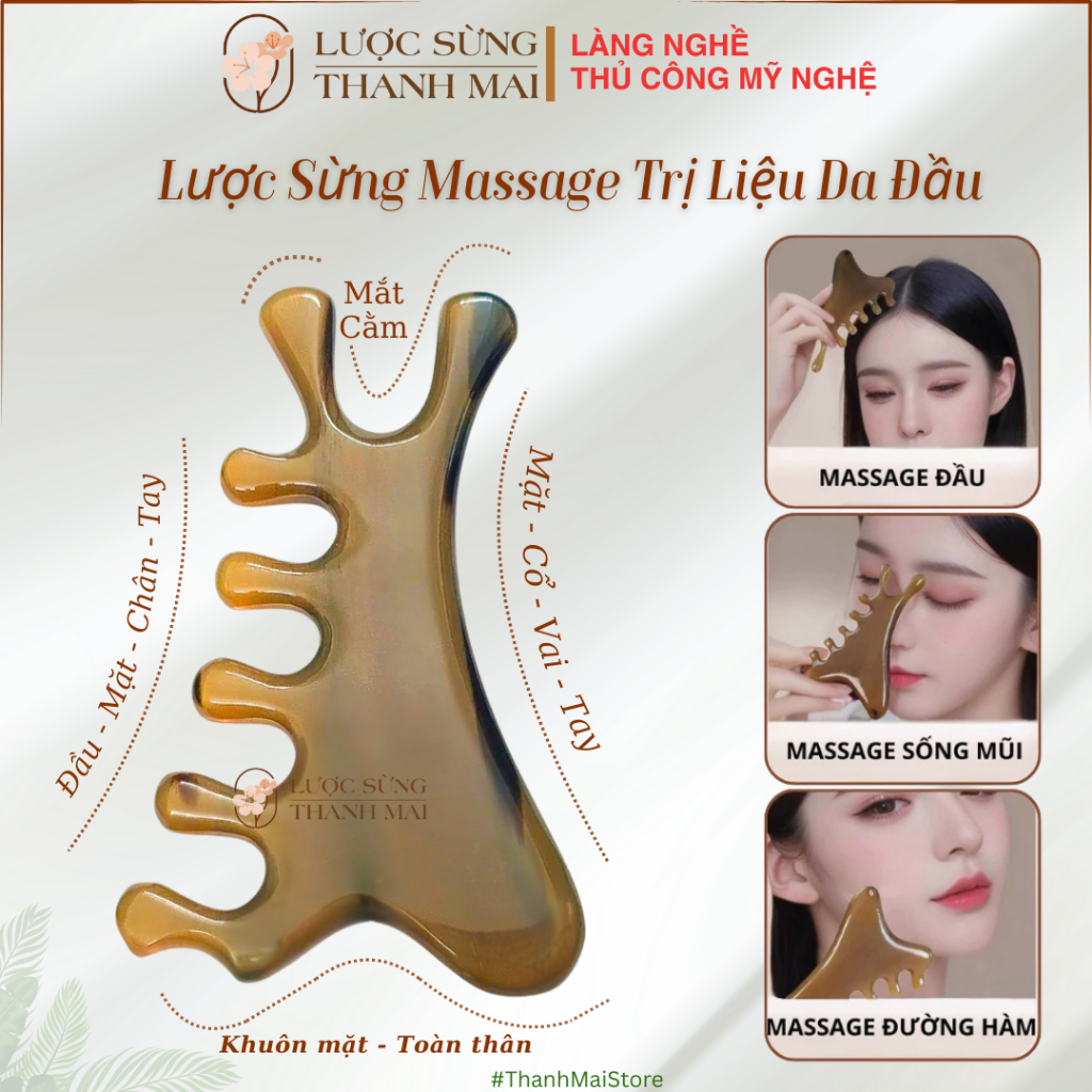 Lược sừng massage đa năng 4in1, mát xa da đầu, thư giãn mặt mũi cổ vai gáy hiệu quả ngay tại nhà