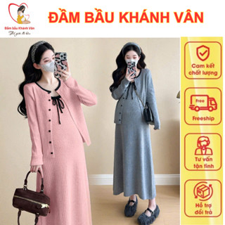  Set Váy Bầu Dài Tay Len Tăm Gân Thái Thu Đông + Áo Khoác Cardigan – Đầm Bầu Công Sở Thanh Lịch Váy Bầu Đẹp Cho Mẹ Bầu 