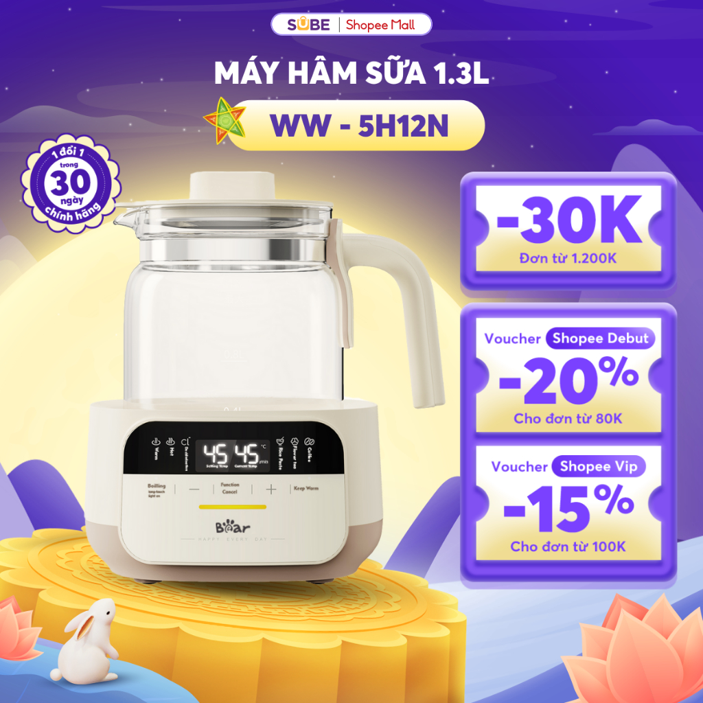 Máy Đun Nước Pha Sữa Bear Máy Hâm Sữa Ấm Đun Siêu Tốc 1.3L Bình Đun Pha Sữa Cho Bé Khử Clo Kèm Cốc Hâm Sữa WW-5H12N