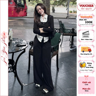 Set đồ nữ tiểu thư dạo phố năng động See You áo len cổ sơmi dài tay phối quần suông ống rộng trẻ trung basic công sở