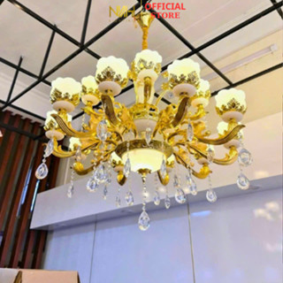 Đèn Chùm Thả Trần Tân Cổ Điển Trang Trí Biệt Thự,Phòng Khách Nhà Hàng Khách Sạn 15 Tay Đá Đúc _ĐÈN LED TRANG TRÍ