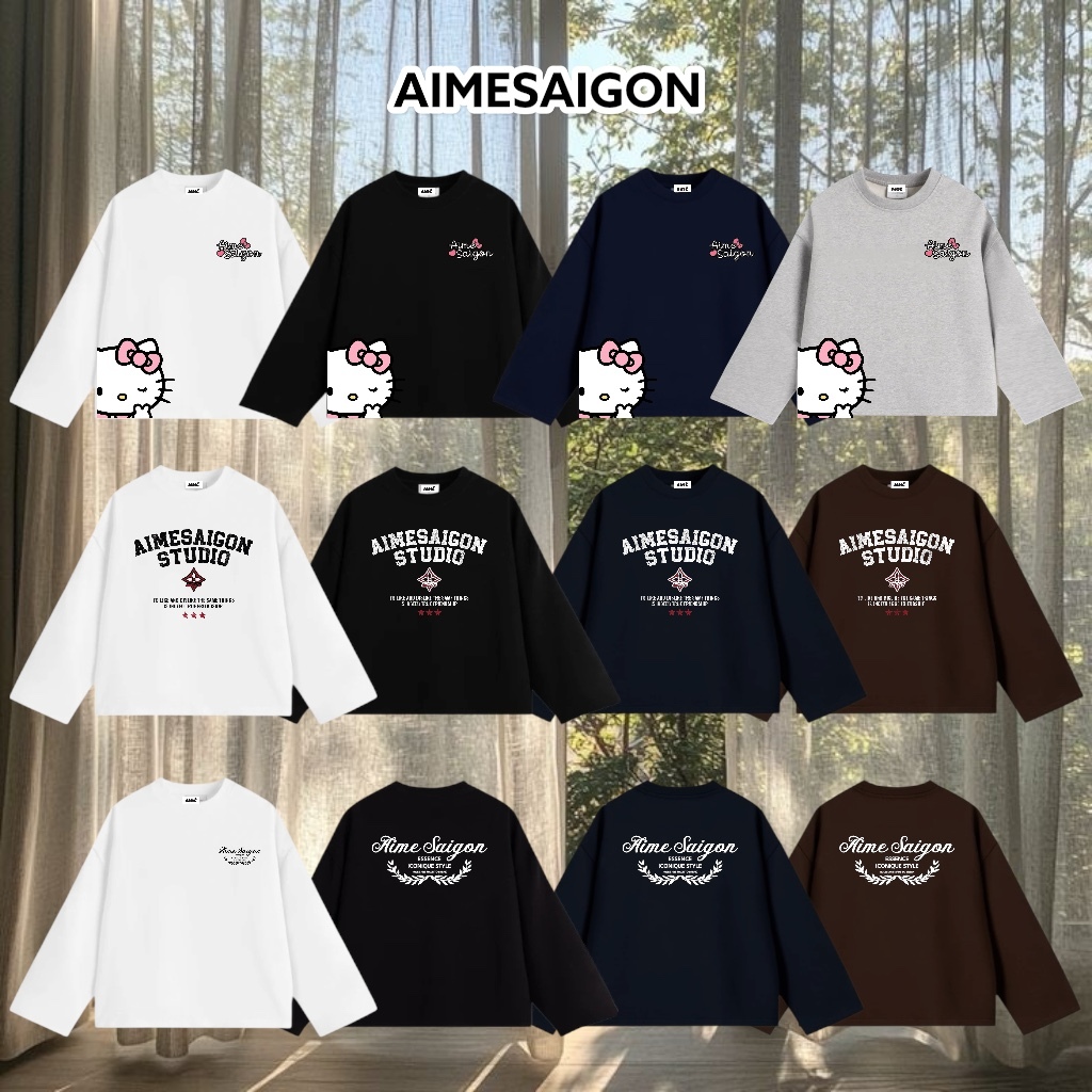 [ATD02 Ver2] Aimesaigon Áo Thun Tay Dài Long Sleeve Boxy AIMÉ Form Rộng Cổ Tròn "Mèo Kitty - Chữ" Un