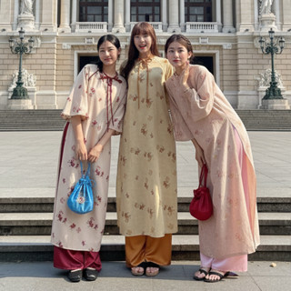 SET Áo Dài Cách Tân Nữ TẾT 2026 - Summer Spring Tea - Kèm Quần Lụa Phối Dây Nơ Cổ Mặc Đi Chùa - Đi Chơi - AD03