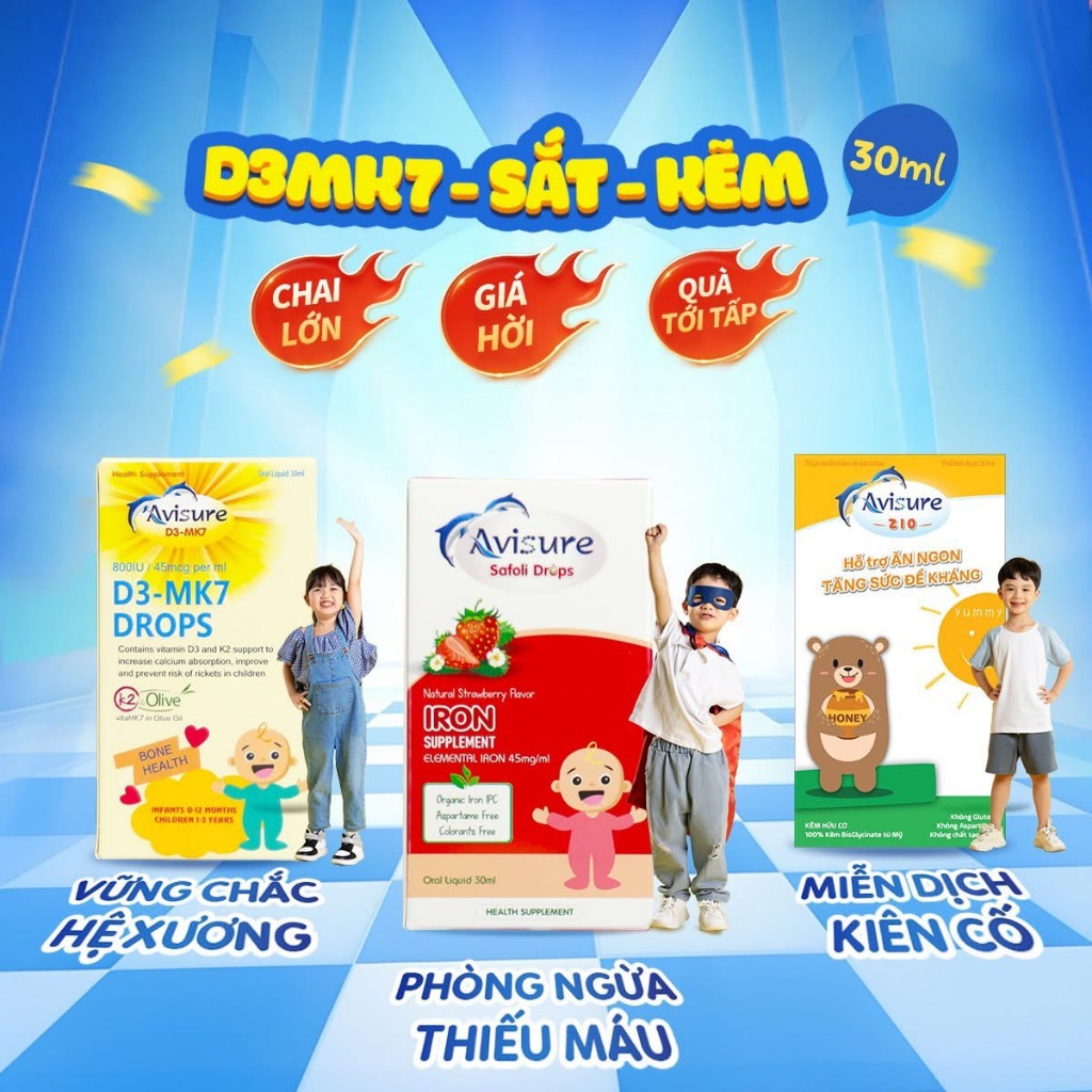 Bộ ba hộp Avisure D3MK7 - Safoli Drop - ZiO ( 30ml) bổ sung d3k2, sắt kẽm hữu cơ cho bé