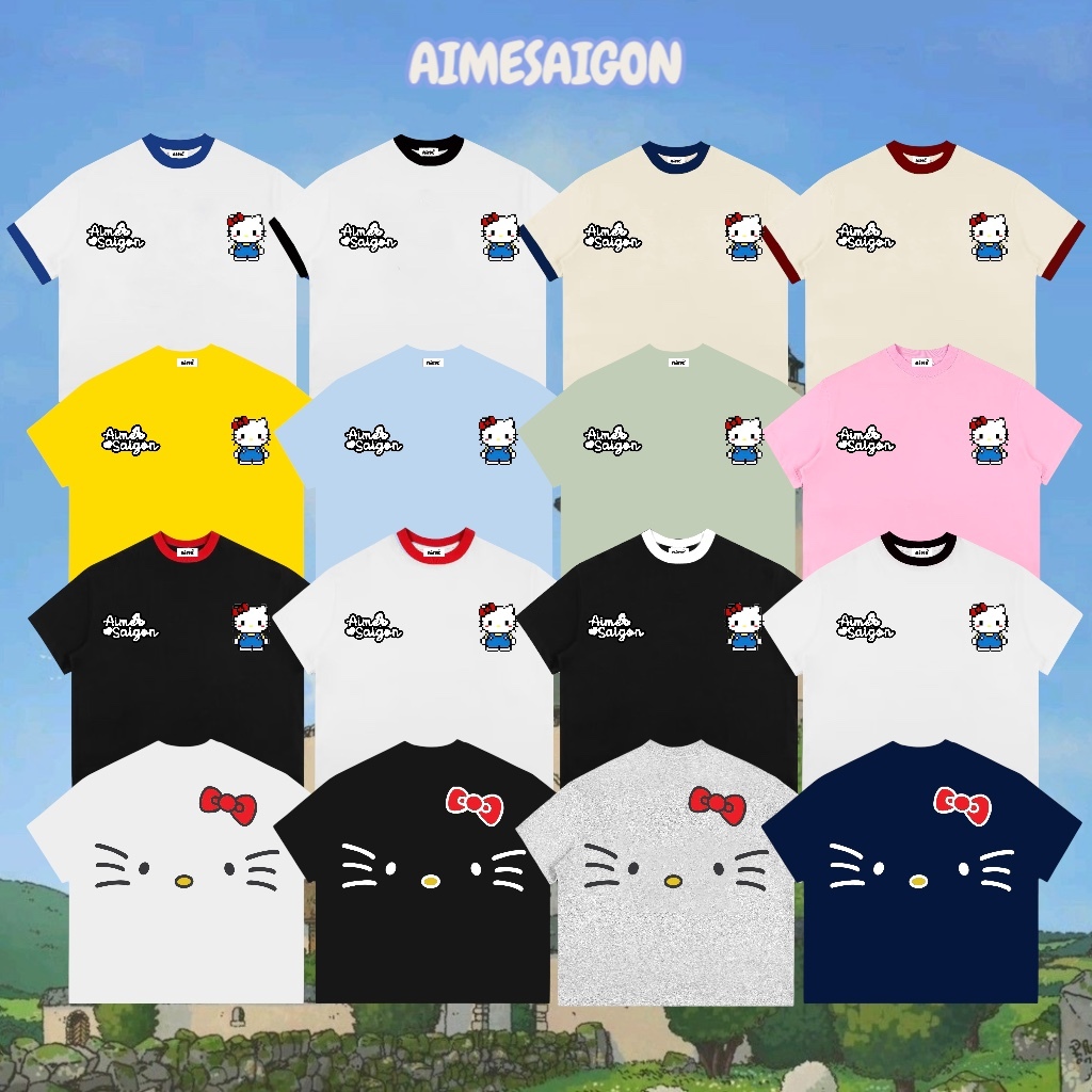 Áo Thun Boxy AIMÉ Cotton 250gsm Cổ Tròn Nam Nữ " Kitty 2 mặt " Áo Phông Nữ Form Rộng Nữ Mùa Hè Kiểu 