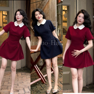 Hạnh sino.97 Váy xanh đỏ thiết kế dáng ngắn  phối cổ kem mới dáng ngắn