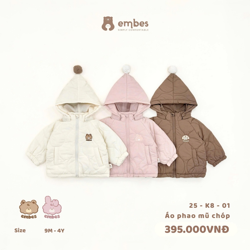 Áo Khoác Bé Embes, Áo Khoác Phao Lót Lông Có Mũ Chất Dày Dặn Cho Bé Mặc Thu Đông Size Từ 8kg-18kg