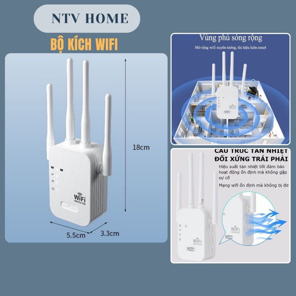 NTV HOME Bộ Kích Sóng Wifi 4 Râu Tốc Độ CAo 1200Mbps Phát Xuyên Tường , Mở Rộng Vùng Phủ Sóng