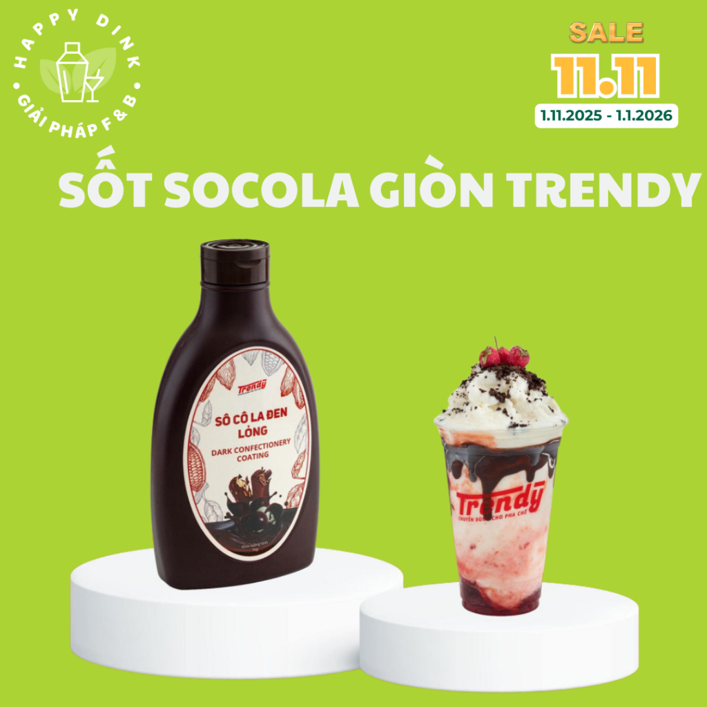Sốt SOCOLA GIÒN Trendy chai 1kg, kết hợp với kem, trà sữa tặng kèm công thức đồ uống, socola vỏ giòn