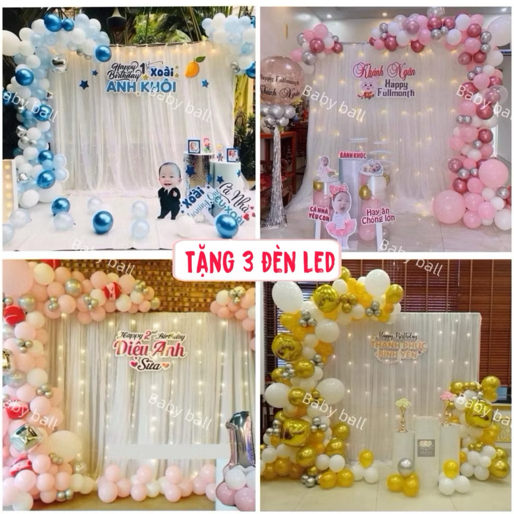 Sét Bóng Trang Trí Sinh Nhật Theo Yêu Cầu Bé Trai, Bé Gái Kèm Rèm Voan ( Tặng 3 Đèn Led)