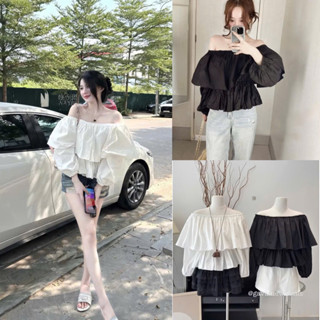   HÀNG LOẠI 1  Áo trễ vai trắng 2 tầng tay bồng chất thô mát dày dặn Gimy Top 