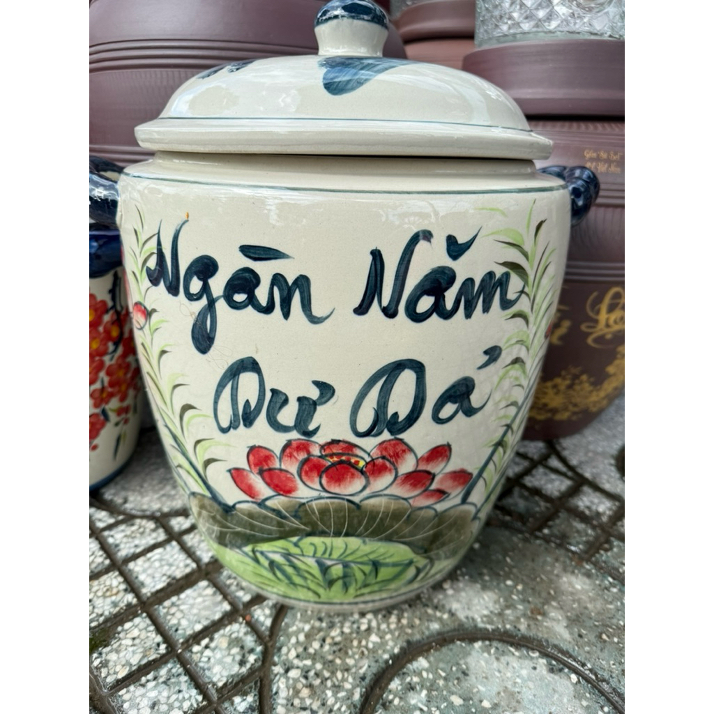 Hũ đựng gao tài Lộc bằng sứ bat tràng 15kg gao,hũ gao men vẻ hoa sen,