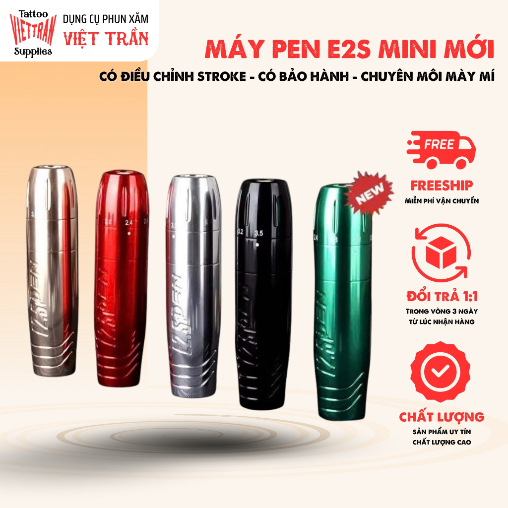 Máy Pen E2S Mini Có Điều Chỉnh Stroke,Máy Phun Xăm  Mẫu Mới Chuyên Mày Môi Mí Chính Hãng Bảo Hành 6 