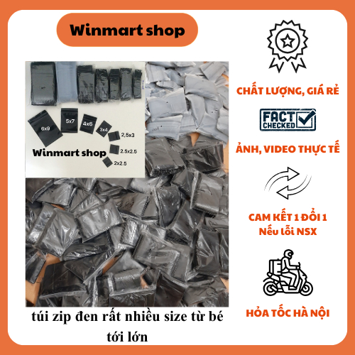 Gói 100c túi zip đen, zip màu đen,zip mini mép miết 2 mặt đen winmart