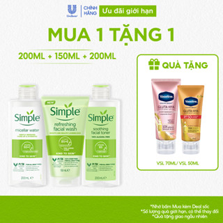 Combo 3 bước dưỡng Simple Nước tẩy trang 200ml + Sữa rửa mặt 150ml + Nước hoa hồng 200ml cho da nhạy cảm