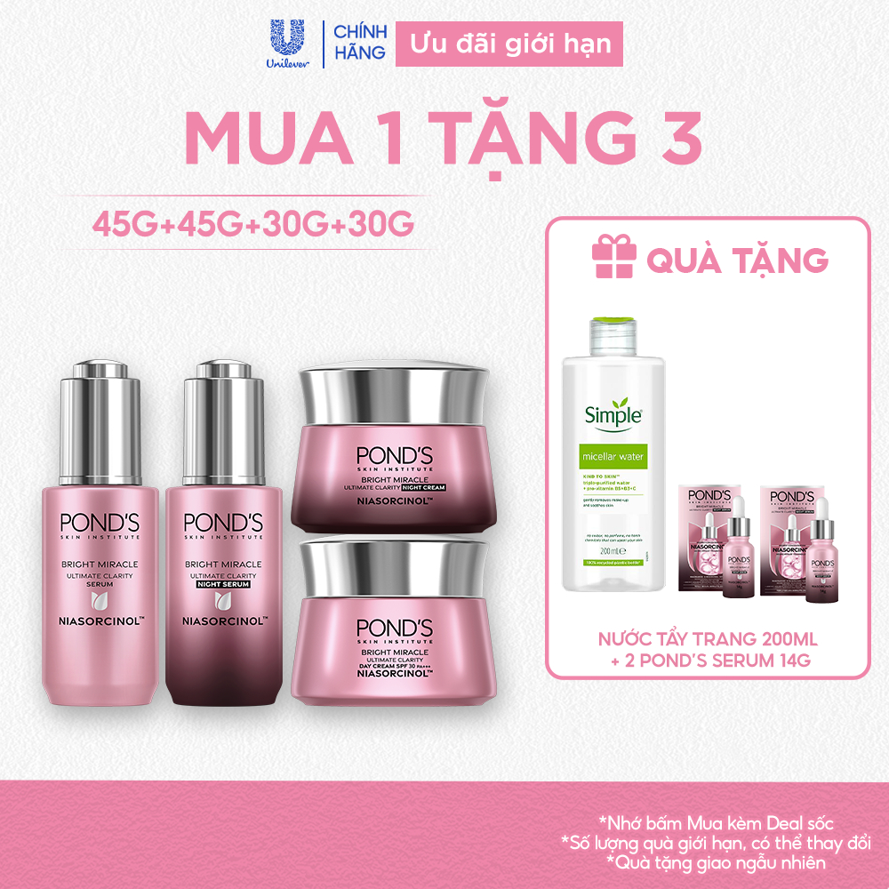Trọn bộ 2 Serum và 2 Kem sáng da ngày & đêm Pond's Bright Miracle mờ thâm với 50X Niasorcinol 30G+30G+45G+45G
