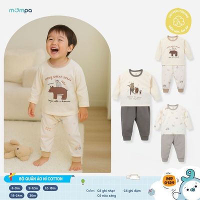 Đồ bộ cho bé Mompa dài tay 6 tháng - 3 tuổi vải Cotton nỉ co giãn mềm mại ấm áp 0129