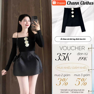  Áo thun nữ dài tay đính hoa trà Chann Clothes áo phông nữ thu đông dáng ngắn hở vai HCOM2987 